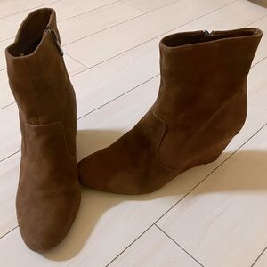 Suede Cognac Ankle Wedge Booties